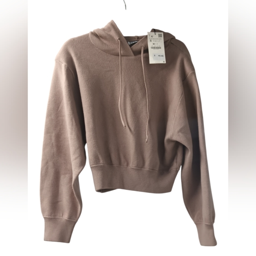 Zara Taupe Cropped Hoodie Oversized Small - Picture 4 of 6